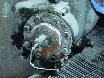 3.	Shake, rattle, and roll. An accelerometer mounted on a grinding roll journal assembly. Courtesy: SKF USA Inc.