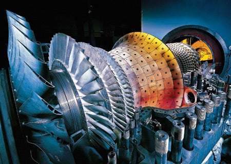 5. Start of the cycle. A Siemens gas turbine like this one will be the primary energy converter of the Caithness Long Island Energy Center, a 350-MW gas-fired combined-cycle project. Courtesy: Siemens Power Generation 
