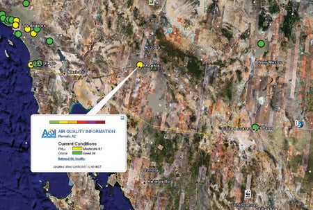 3.	Air Google. Thanks to a partnership with the U.S. EPA, users of Google Earth can now call up near-real-time air quality data for any location in America. Source: Google Earth