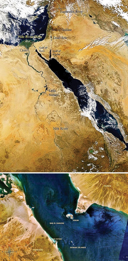 5.	Moses crossed another way, at the other end. Researchers at Utrecht University in The Netherlands suggest that 50 GW could be generated by a 20-mile-wide dam across the Red Sea near its southern end. Courtesy: NASA