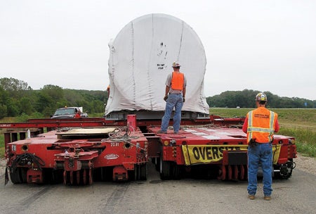 6.	Double-wide load. Bridge load limits required Barnhart to double up single-wide trailers. Courtesy: Barnhart Crane & Rigging