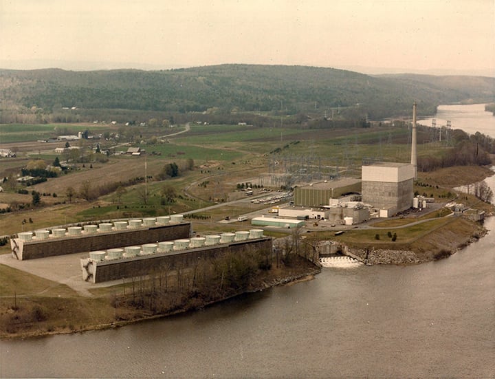 The 620-MW Vermont Yankee plant near Vernon, Vt., began commercial operations Nov. 30, 1972. Its closure—for economic reasons—was announced on Aug. 27, 2013, and it was permanently shutdown on Dec. 29, 2014. Courtesy: Entergy Nuclear