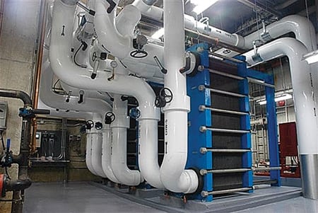 8. Too cool for words. Plate heat exchangers connect the main cold water distribution system to the cool water circulated from Lake Ontario. Courtesy: Krohne Inc.â€©