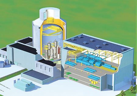 2.	Passive design, aggressive marketing. An artist’s conceptual rendering of the containment and power building of a nuclear unit based on the AP1000, an “advanced passive” next-generation reactor rated at 1,117 MW to 1,154 MW. Courtesy: Westinghouse Electric Co.