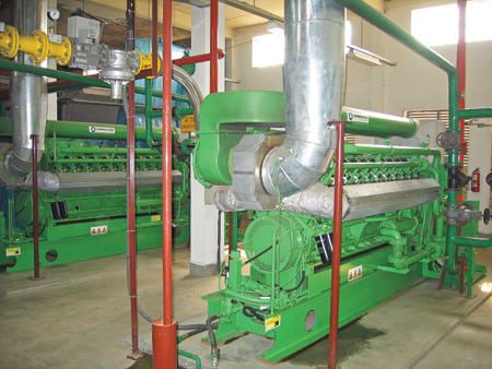 3.	Do it yourself. GE’s Jenbacher engines have been a boon to Bangladesh’s burgeoning industrial economy. Examples include these three Model JGS 320 GS-N.L. units, which produce 3.1 MW of on-site power for a Roshawa Spinning Mills Ltd. facility in Dhaka. Courtesy: GE Energy