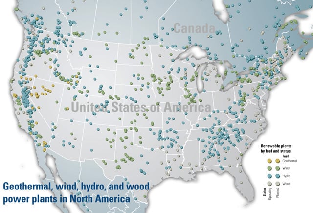 Map of geothermal, wind, hydro, and wood power plants in North America