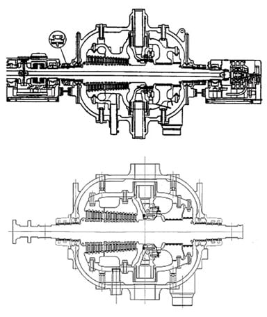 3.	Fits like a glove. Mitsubishi Power Systems engineered a new direct replacement HP steam turbine to fit inside the casing of the old steam turbine. Shown are cross sectional drawings of the original (top) and new (bottom) HP steam turbines. Source: MPS