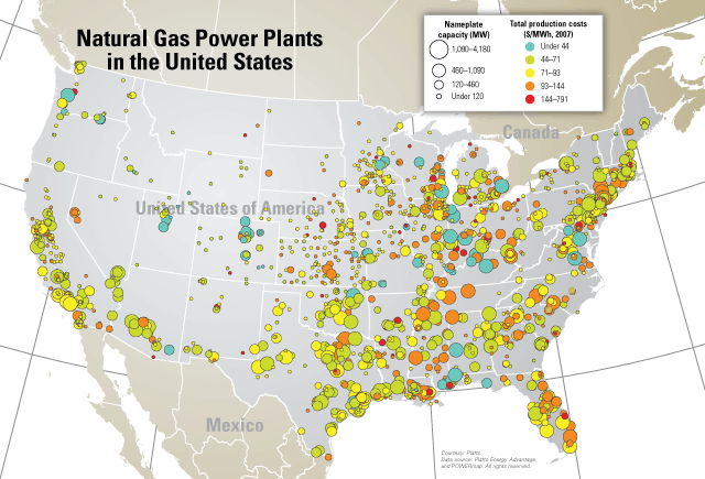 Map of natural gas power plants in the United States by nameplate capacity and total production costs