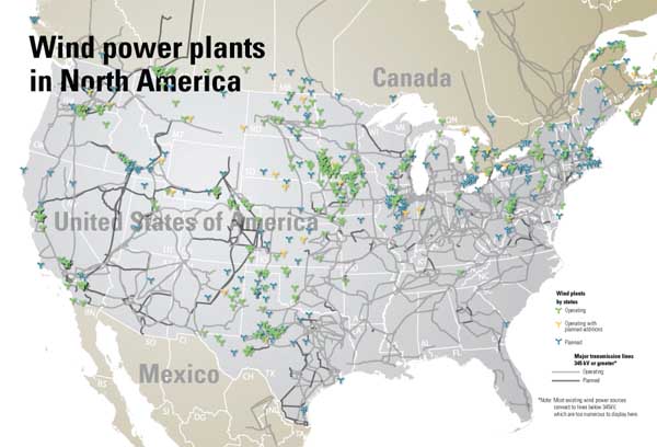 Map of wind power plants in North America