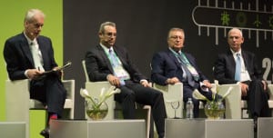 Plenary session participants at Power-Gen Europe on June 21 in Milan were (left to right) Moderator Stephen Sackur, BBC; Karim Amin, CEO of Global Sales, Power & Gas, Siemens AG; Petrit Ahmeti, President of the Albanian Energy Regulator (ERE) & VP of MEDREG; Paul McElhinney, President & CEO of Power Services, GE Power. Courtesy: Lee Buchsbaum