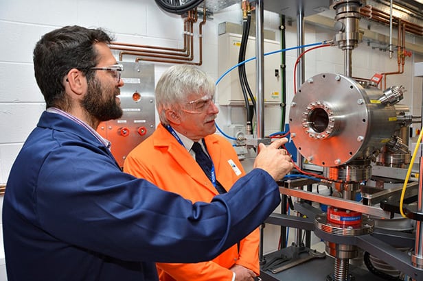 Technologist Lee Waterhouse (left) and Dr Neil Irvine of the Dalton Nuclear Institute at one of the test rigs.