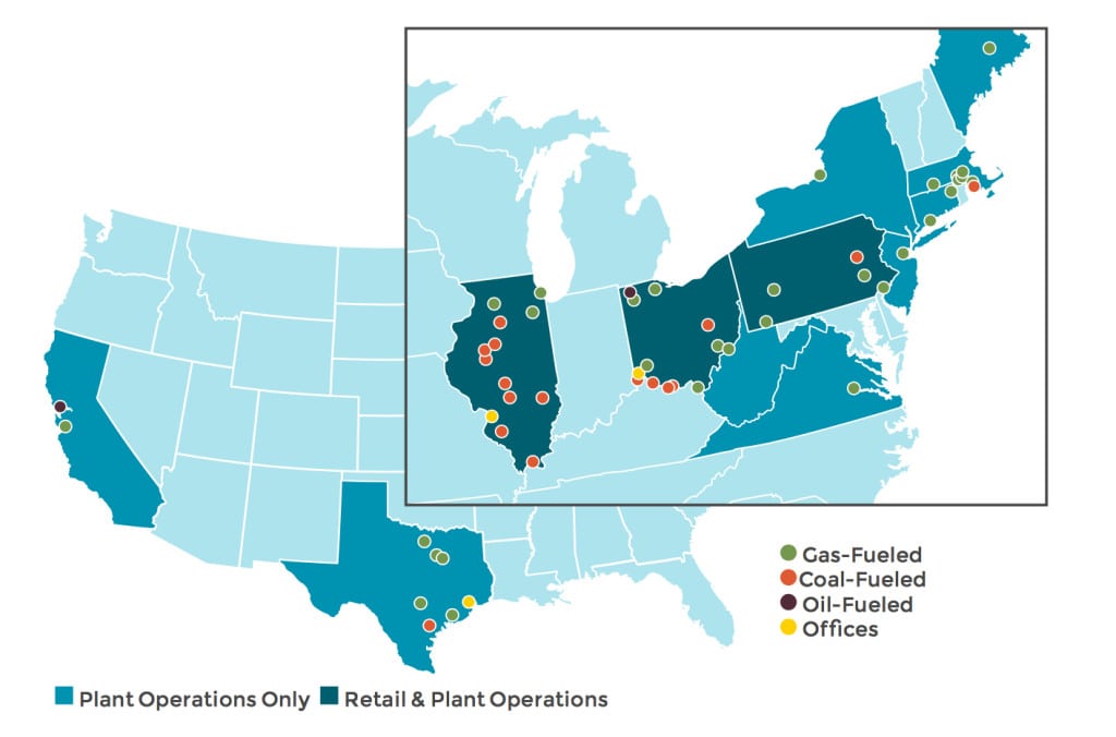  Dynegy's footprint. Dynegy in March 2017 reported it owned more than 31 GW at 50 power plants located in 12 states. More than 43% of its capacity is in PJM. Courtesy: Dynegy 