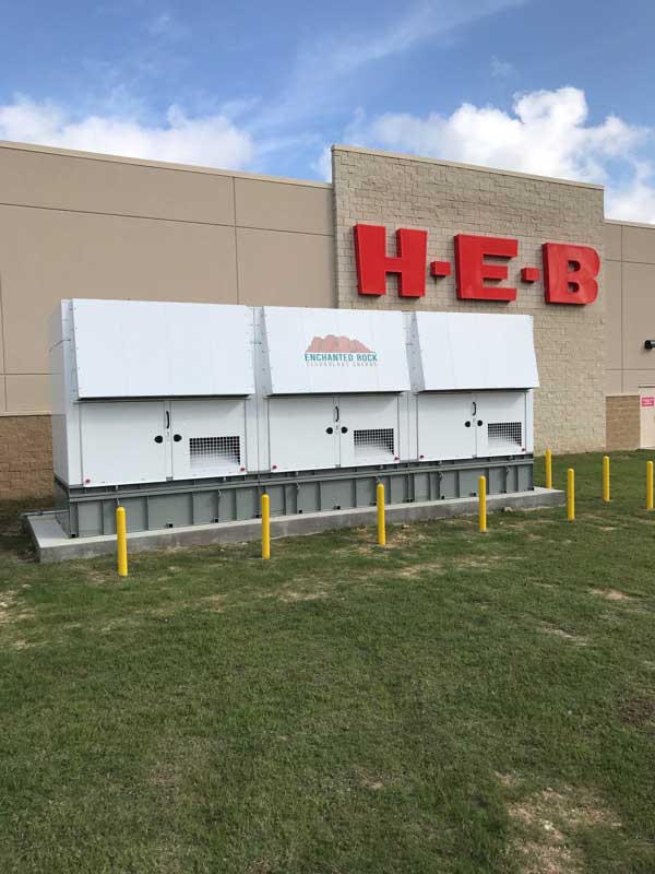 An Enchanted Rock microgrid system is shown outside an H-E-B grocery store in Houston, Texas. Enchanted Rock has installed the natural gas-powered generation system at H-E-B stores and other businesses in Texas. Courtesy: Enchanted Rock 
