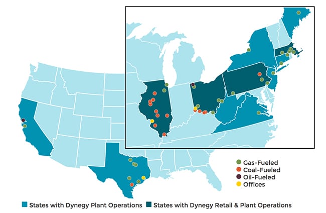 Dynegy owns 27 GW at 43 power plants in California, Connecticut, Illinois, Maine, Massachusetts, New Jersey, New York, Ohio, Pennsylvania, Texas, Virginia, and West Virginia. Courtesy: Dynegy