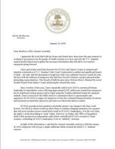 Figure 2 - South Carolina Gov. Henry McMaster's January 23 letter to lawmakers again said ratepayers should not be responsible for costs related to the failed V.C. Summer nuclear project. 