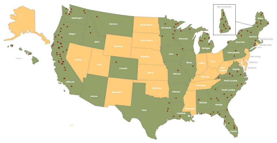 Map of U.S. biomass power facilities (March 2017). The facilities indicated on this map use wood and other byproducts to generate power for sale on electric grids. Source: Biomass Power Association (www.usabiomass.org)