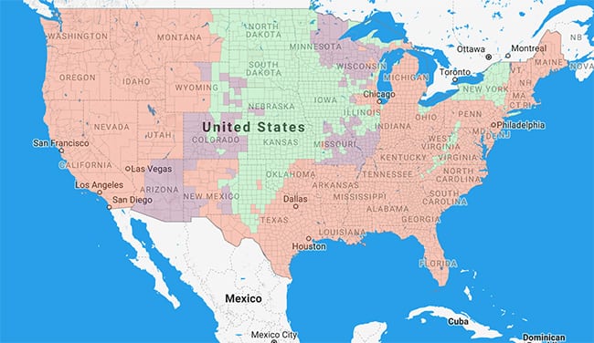 Levelized cost of electricity (LCOE) map of U.S. counties (green = wind, purple = utility solar photovoltaic, red-orange = natural gas combined cycle). Source: LCOE, The UT Energy Institute: http://calculators.energy.utexas.edu/lcoe_map/#/county/tech