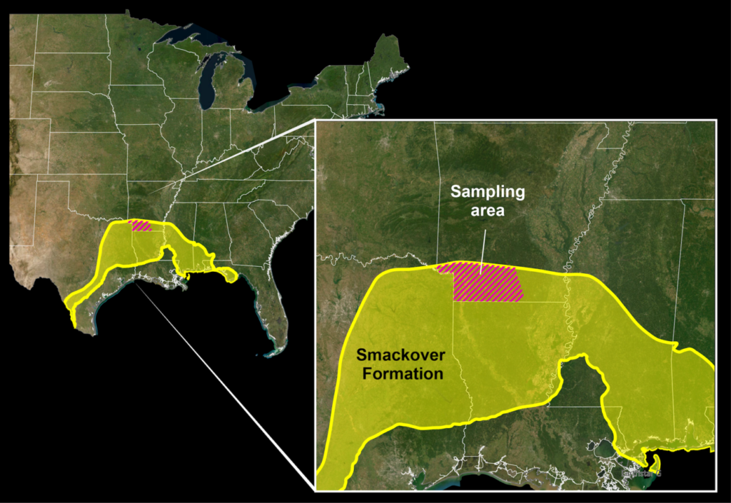 The Smackover Formation (shown in yellow) spans the southern to eastern portion of Texas, southern Arkansas, northern Louisiana, parts of southern Mississippi, southwest Alabama, and portions of the Florida Panhandle. Red-striped areas in southern Arkansas indicate USGS sampling zones used to assess lithium-rich brines in 2024, illustrating broader resource potential across the formation. Source: U.S. Geological Survey