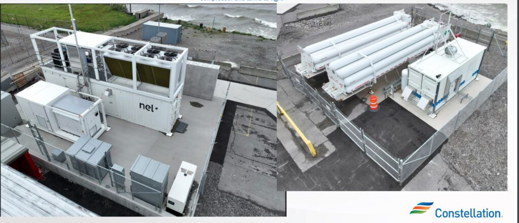 Constellation’s Nine Mile Point hydrogen pilot demonstration project’s electrolyzer and cooling unit are shown in the left image. The right image shows its compressor and tanks. Courtesy: Constellation