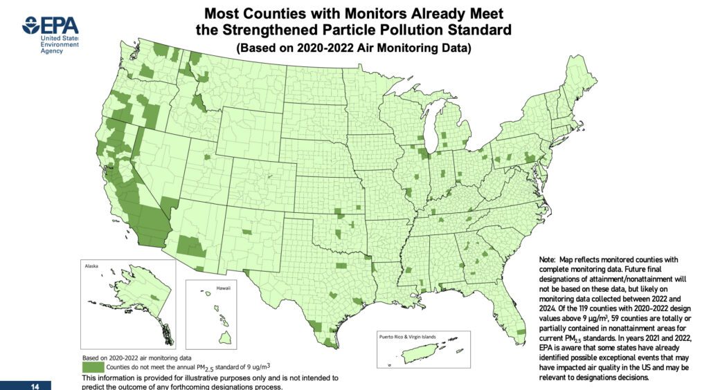 An EPA map reflects monitored counties with complete monitoring data. “Future final designations of attainment/nonattainment will not be based on these data but likely on monitoring data collected between 2022 and 2024,” it notes. Of the 119 counties with 2020-2022 design values above 9 µg/m3, 59 counties are totally or partially contained in nonattainment areas for current PM2.5 standards. “In years 2021 and 2022, EPA is aware that some states have already identified possible exceptional events that may have impacted air quality in the U.S. and may be relevant to designation decisions.” Source: EPA