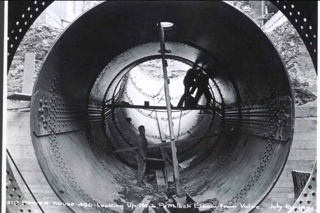 A look inside a penstock during construction of Sir Adam Beck I generating station in a photo dated 1921. Ontario Power Generation’s (OPG’s) celebrated the 443-MW power plant near the Niagara Falls area centennial in 2021. Courtesy: OPG