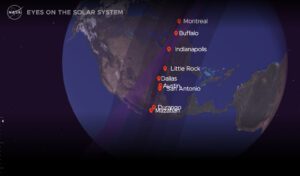 NASA is live-tracking the April 8 total eclipse, which will cross North America, passing over Mexico, the United States, and Canada. “A total solar eclipse happens when the Moon passes between the Sun and Earth, completely blocking the face of the Sun. The sky will darken as if it were dawn or dusk,” it notes. Source: NASA