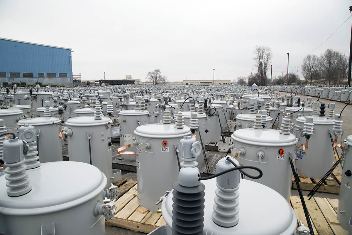 NRECA is urging Congress to approve funding to speed-up production of transformers and other crucial electric grid equipment. This photo shows completed pole-top transformers at ERMCO’s transformer production plant.