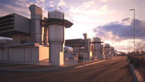 A rendering of the Whyalla hydrogen power plant, featuring GE Vernova’s LM6000VELOX package—the first aeroderivative gas turbine solution designed to run on 100% renewable hydrogen, providing firming capacity to support South Australia’s energy transition. Courtesy: OHPSA