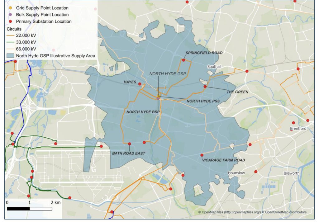 The geographic view of the network supplied by North Hyde grid supply point (GSP). Source: SSEN