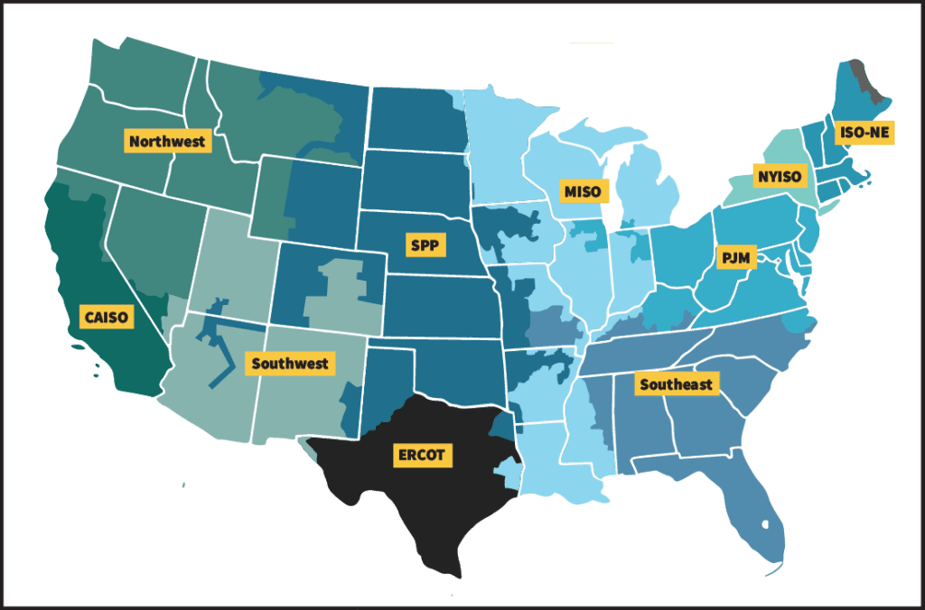A map showing the footprints of major U.S. regional transmission organizations (RTOs) and independent system operators (ISOs), which collectively manage the bulk power system for over 200 million people. Source: FERC