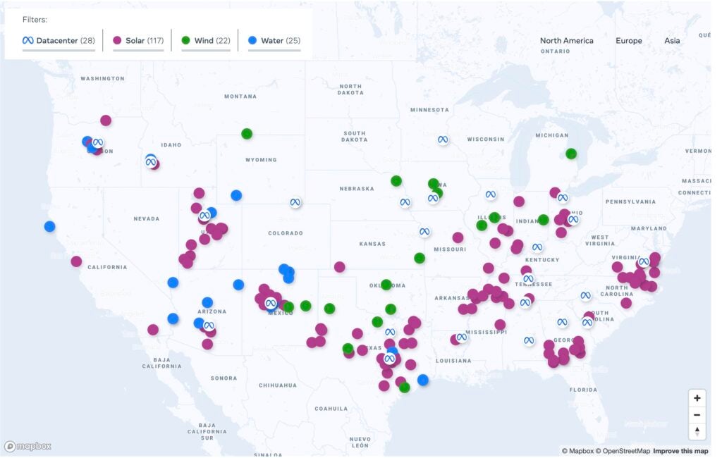 Meta’s sustainability impact map currently shows only renewables and water stewardship, but the company has signaled that nuclear will become a major part of its portfolio. It is eyeing plans to secure 1–4 GW of nuclear by the early 2030s. Courtesy: Meta