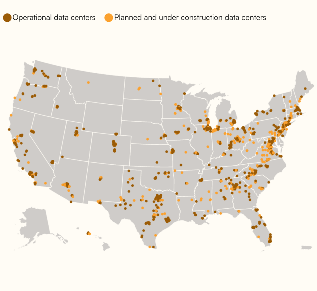Map of U.S. data center power demand by region: PJM leads with about 67 GW and the Electric Reliability Council of Texas (ERCOT) with over 20 GW, together accounting for around 60 % of national development. Courtesy: Enerdatics, US Data Center Power Demand Surpasses 150 GW (Aug. 4, 2025) 