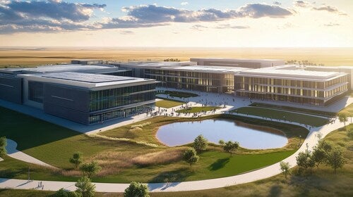 Fermi America’s proposed Amarillo HyperGrid™ campus, with office/data buildings and a central water feature, on Texas Tech University System land in Carson County, Texas. Courtesy: Fermi America.