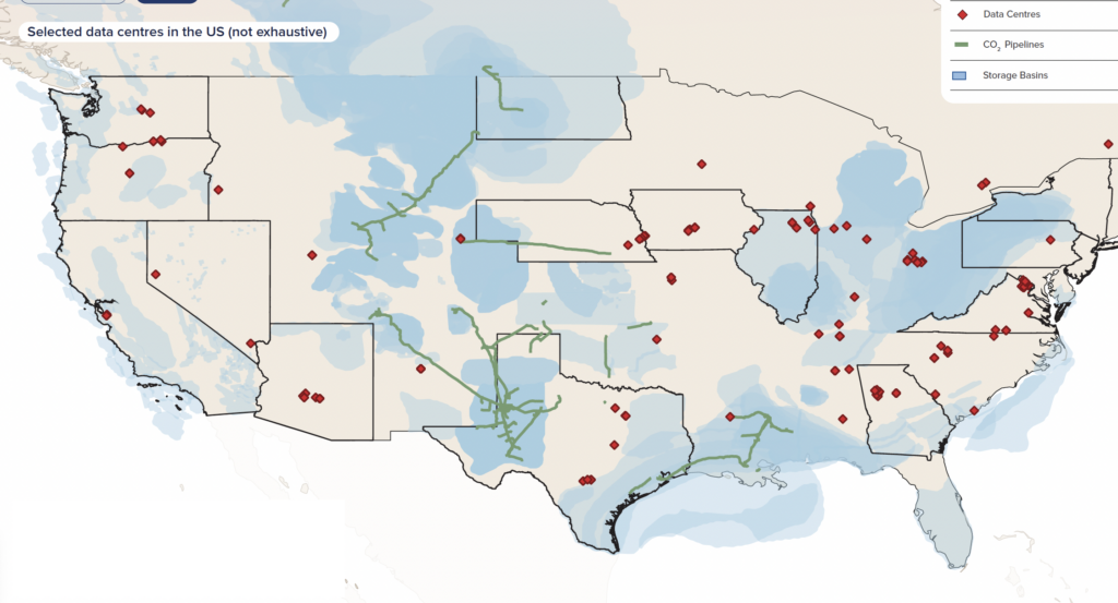 Map showing select U.S. data center locations (red diamonds) overlaid with existing CO₂ pipelines (green lines) and storage basins (blue shading). The overlap highlights where natural gas combined cycle (NGCC) generation with carbon capture and storage (CCS) could supply firm, low-carbon on-site power for rapidly expanding data center hubs. Between 2025 and 2030, about 55 GW of new U.S. data center capacity is expected to come online, with roughly 30% incorporating on-site generation. Source: Global Status of CCS Report 2025, Global CCS Institute.