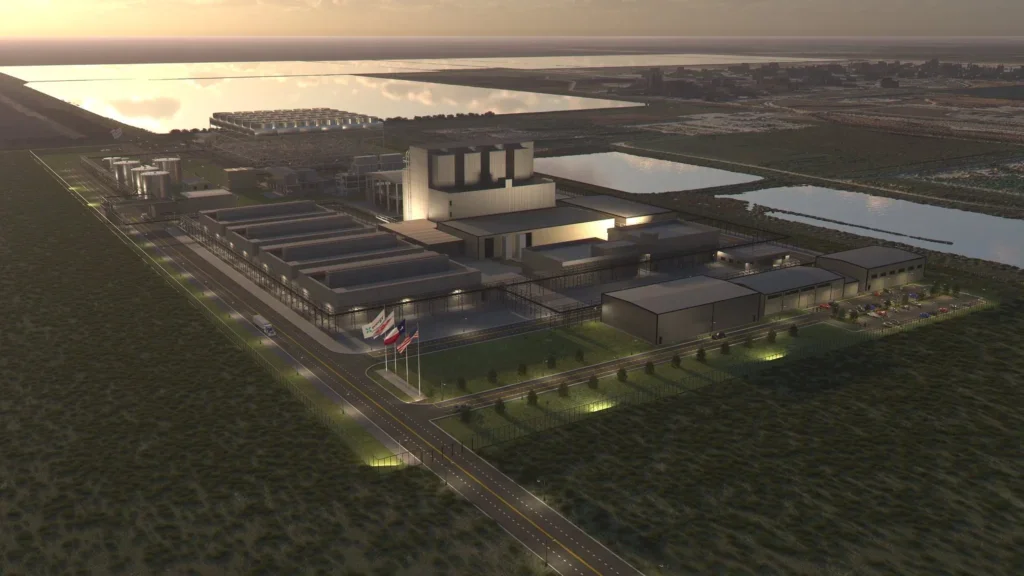 Rendering of X-energy&rsquo;s proposed Xe-100 deployment at Dow&rsquo;s Seadrift Operations in Texas, where four Xe-100 modules are planned as part of the Long Mott Generating Station project. Courtesy: X-energy