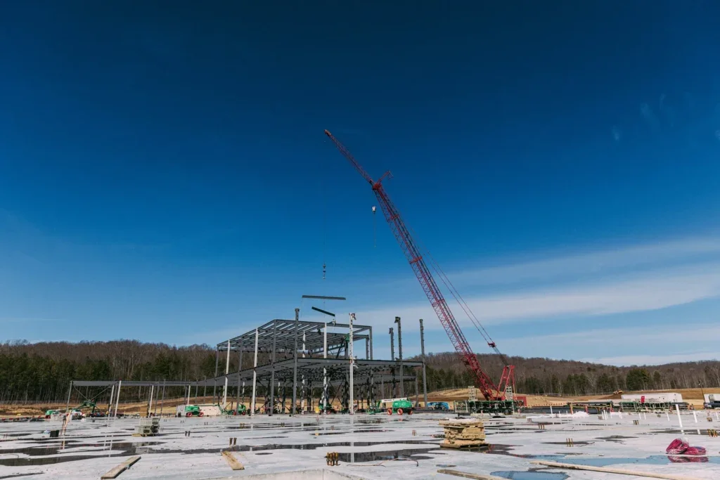 Structural steel is erected at TRISO-X&rsquo;s TX-1 fuel fabrication facility at the Oak Ridge Horizon Center Site in Oak Ridge, Tennessee. Vertical construction began Nov. 17, 2025. On Feb. 13, 2026, the U.S. Nuclear Regulatory Commission issued the first-ever U.S. approval of a Category II fuel fabrication facility for the project. Courtesy: X-energy