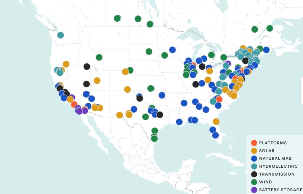 Map of LS Power's North American generation and infrastructure portfolio as of March 2026, showing concentration of natural gas capacity in the PJM Mid-Atlantic corridor along the Eastern Seaboard.