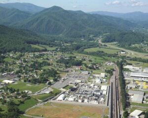 Aerial view of BWX Technologies, Inc.’s Nuclear Fuel Services facility in Erwin, Tennessee, one of the few U.S. sites licensed by the U.S. Nuclear Regulatory Commission to store and process highly enriched uranium for naval nuclear propulsion and defense-related fuel programs. Courtesy: BWXT