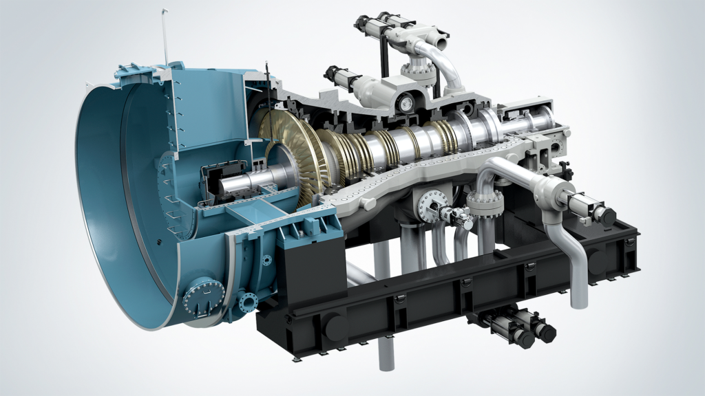 Cutaway view of Siemens Energy’s SST-600 steam turbine, the industrial steam turbine Oklo selected for the conventional island of its Aurora-INL fast reactor project. Under the November 2025 contract, Siemens Energy committed to deliver a condensing SST-600 steam turbine, an SGen-100A industrial generator, and associated auxiliary systems. In a nuclear power plant, the nuclear island contains the reactor and primary safety systems, while the conventional island consists of the steam turbines, generators, and supporting balance-of-plant systems that convert reactor-produced steam into electrical energy. Siemens Energy says its nuclear steam turbine technologies are also used at operating plants including Olkiluoto III in Finland, Comanche Peak and Grand Gulf in the United States, Angra II in Brazil, Sendai in Japan, and Yang Jiang in China, and that its nuclear steam turbine portfolio includes the SST-800 for SMRs, the SST-8000 for full-speed SMR applications, and the SST-9000 for high-power-output applications. Image: Siemens Energy