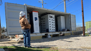 Alt Text: Megawatt-class solid-state transformer equipment installed inside an open enclosure at EPRI's power delivery laboratory in Lenox, Massachusetts.