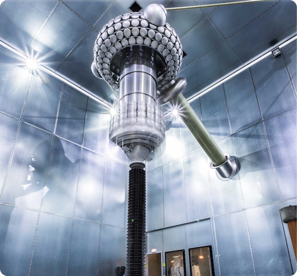 High-voltage instrument-transformer equipment inside a Trench Group test facility.